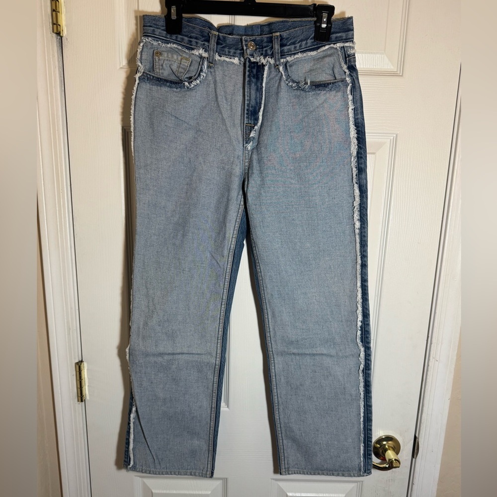 7 For All Mankind Two-Tone High Waist Straight Leg Jeans | Frayed Edge | Size 30